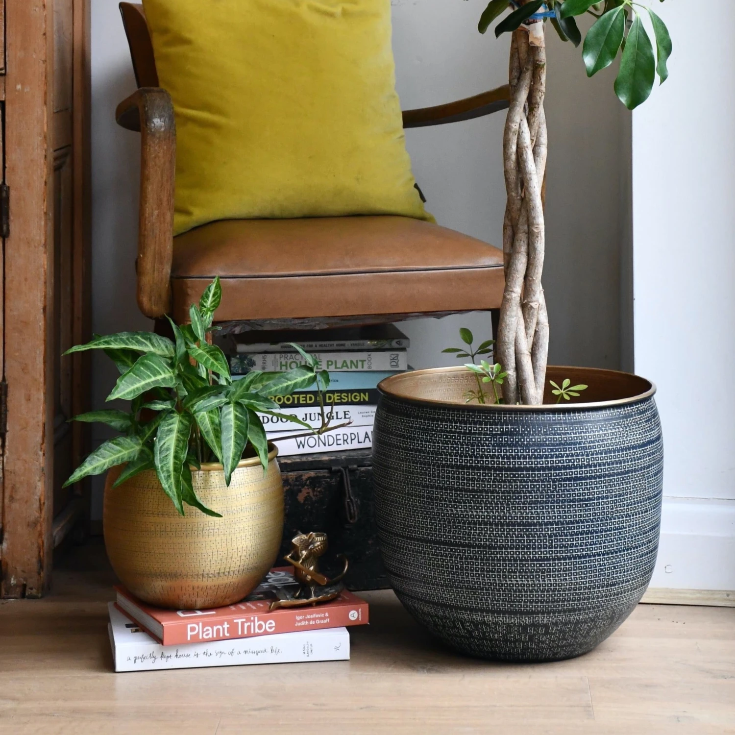 Tembesi Etched Planter - Black & Brass Medium