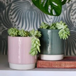 Athens Ceramic Reactive Glaze Indoor Ribbed Plant Pot Pink (10.5cm Pot)